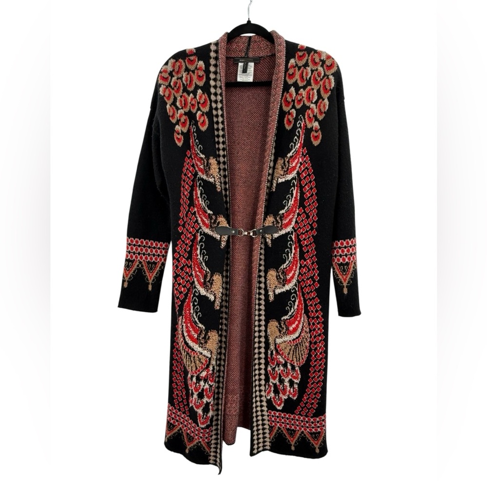 BCBGMaxazria Angora Blend Long Coat Cardigan Folklore Tapestry Runway Duster L
